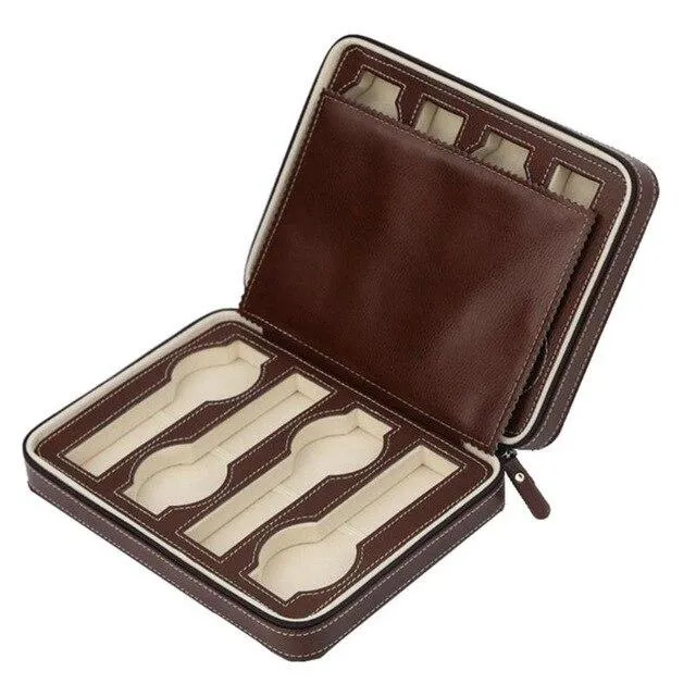 Brown Leather Watch Zippered Box Storage