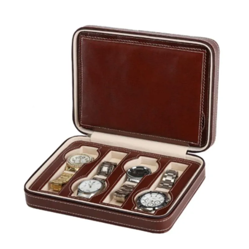 Brown Leather Watch Zippered Box Storage