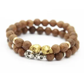 Brown Wood Beaded Punk Skull Bracelet for Women