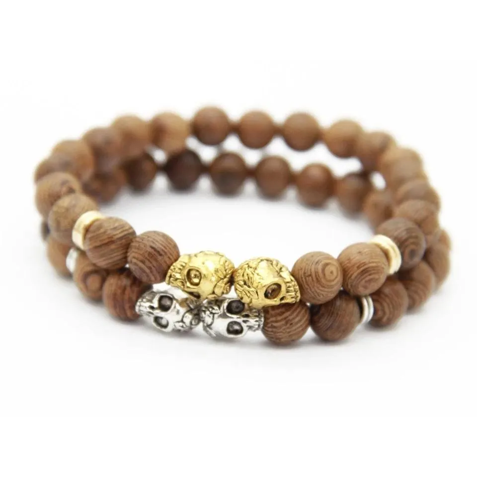 Brown Wood Beaded Punk Skull Bracelet for Women