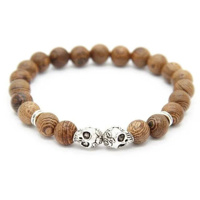 Brown Wood Beaded Punk Skull Bracelet for Women