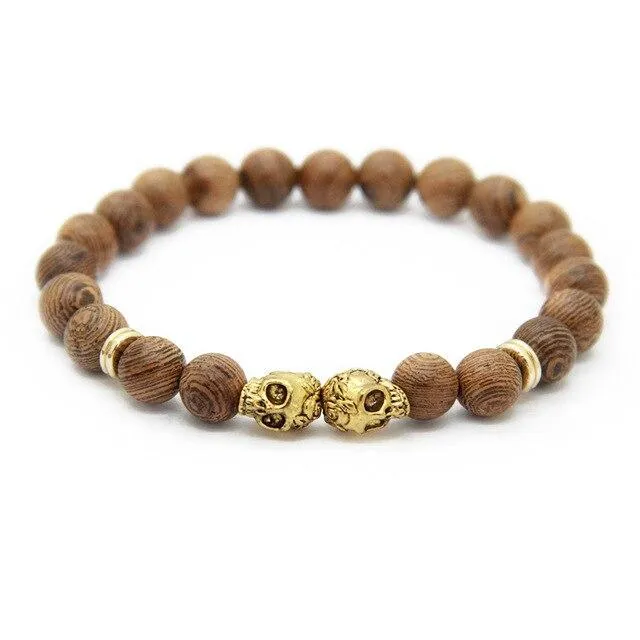 Brown Wood Beaded Punk Skull Bracelet for Women