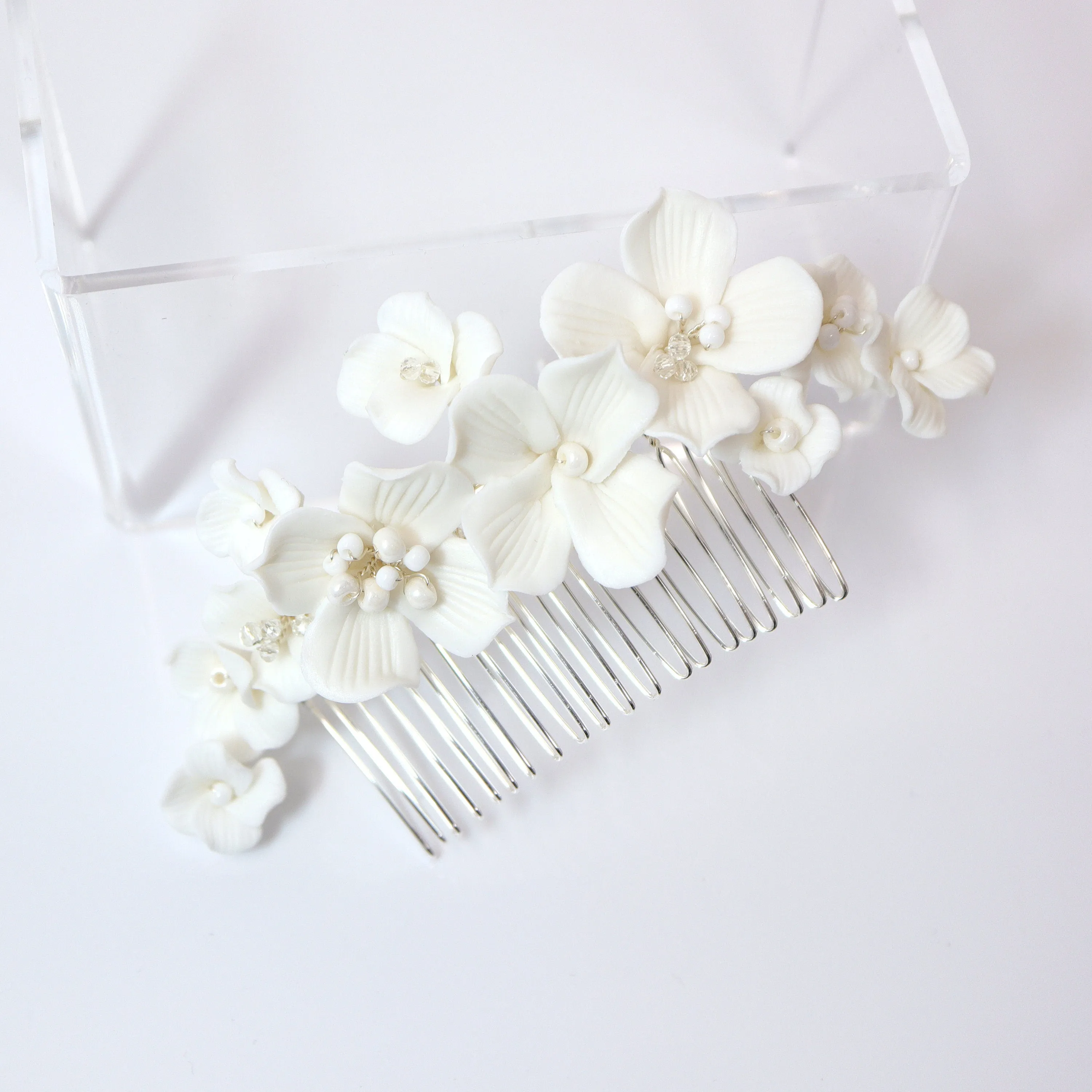 Ceramic White flower Flowers Pearl Hair comb,  Bridal Hair piece, Bridal Hair Accessories, Wedding Hair Accessory.