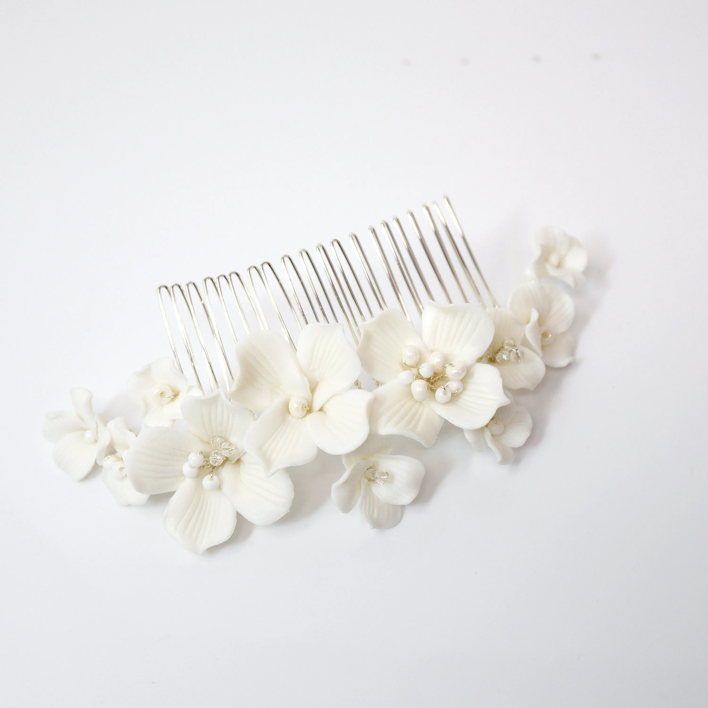 Ceramic White flower Flowers Pearl Hair comb,  Bridal Hair piece, Bridal Hair Accessories, Wedding Hair Accessory.