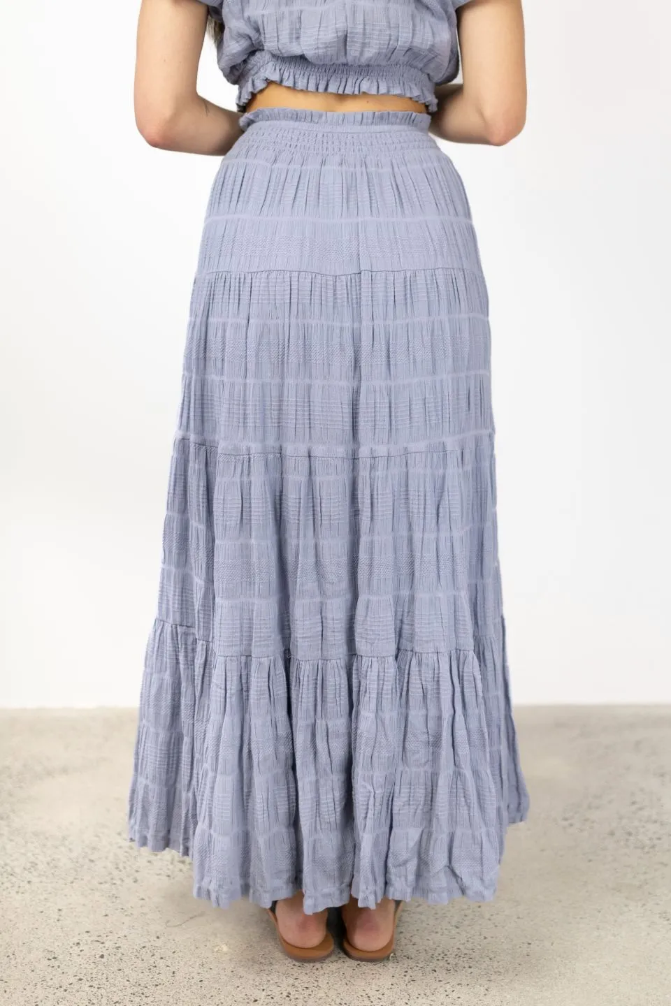 Charming Sky Blue Cotton Shirred Tiered Maxi Skirt