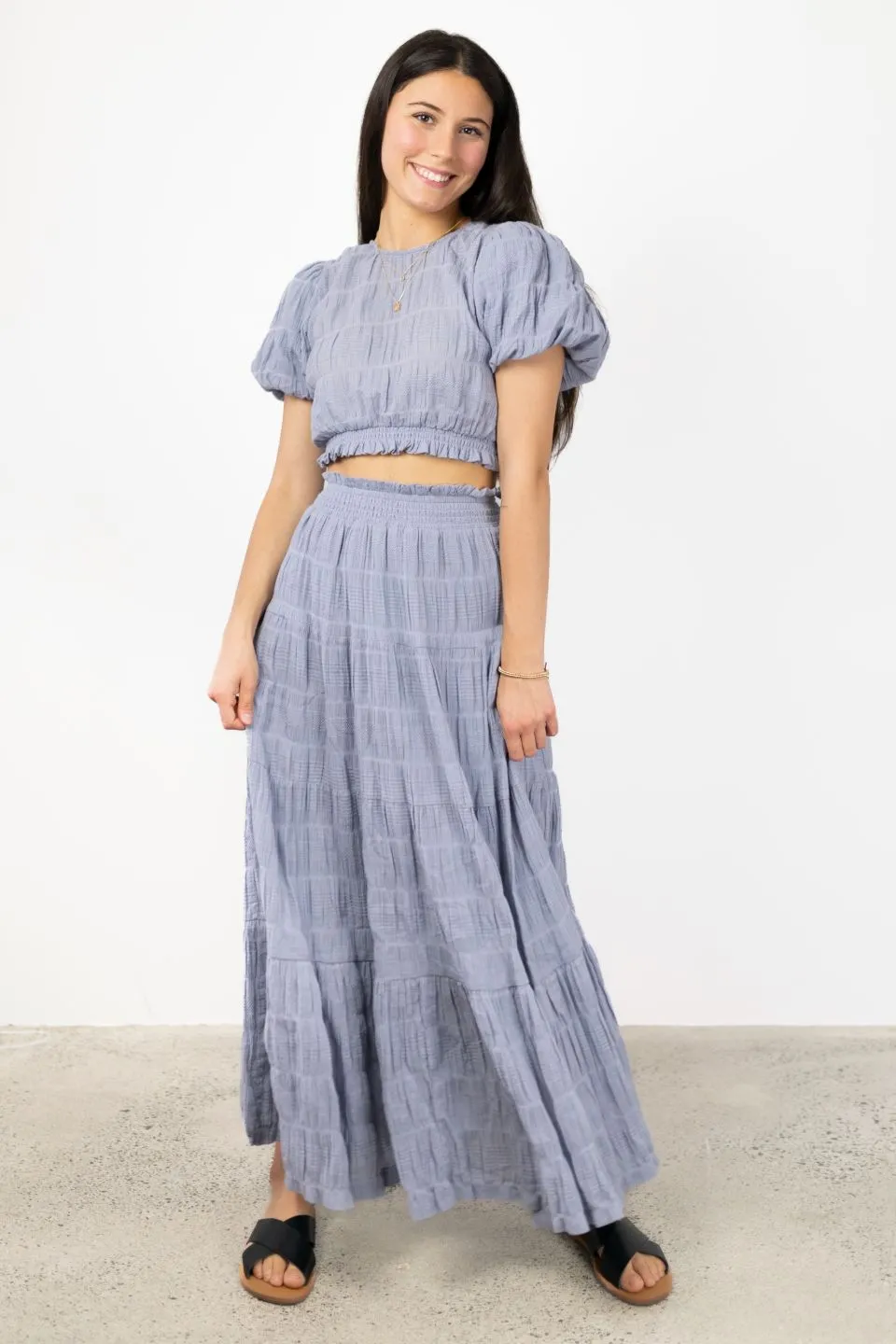 Charming Sky Blue Cotton Shirred Tiered Maxi Skirt