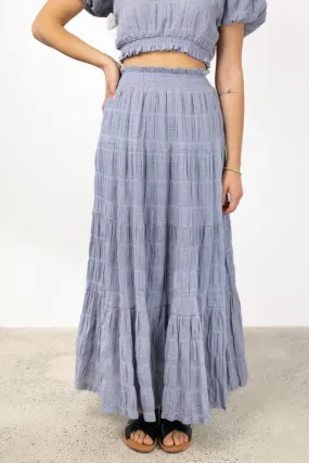 Charming Sky Blue Cotton Shirred Tiered Maxi Skirt