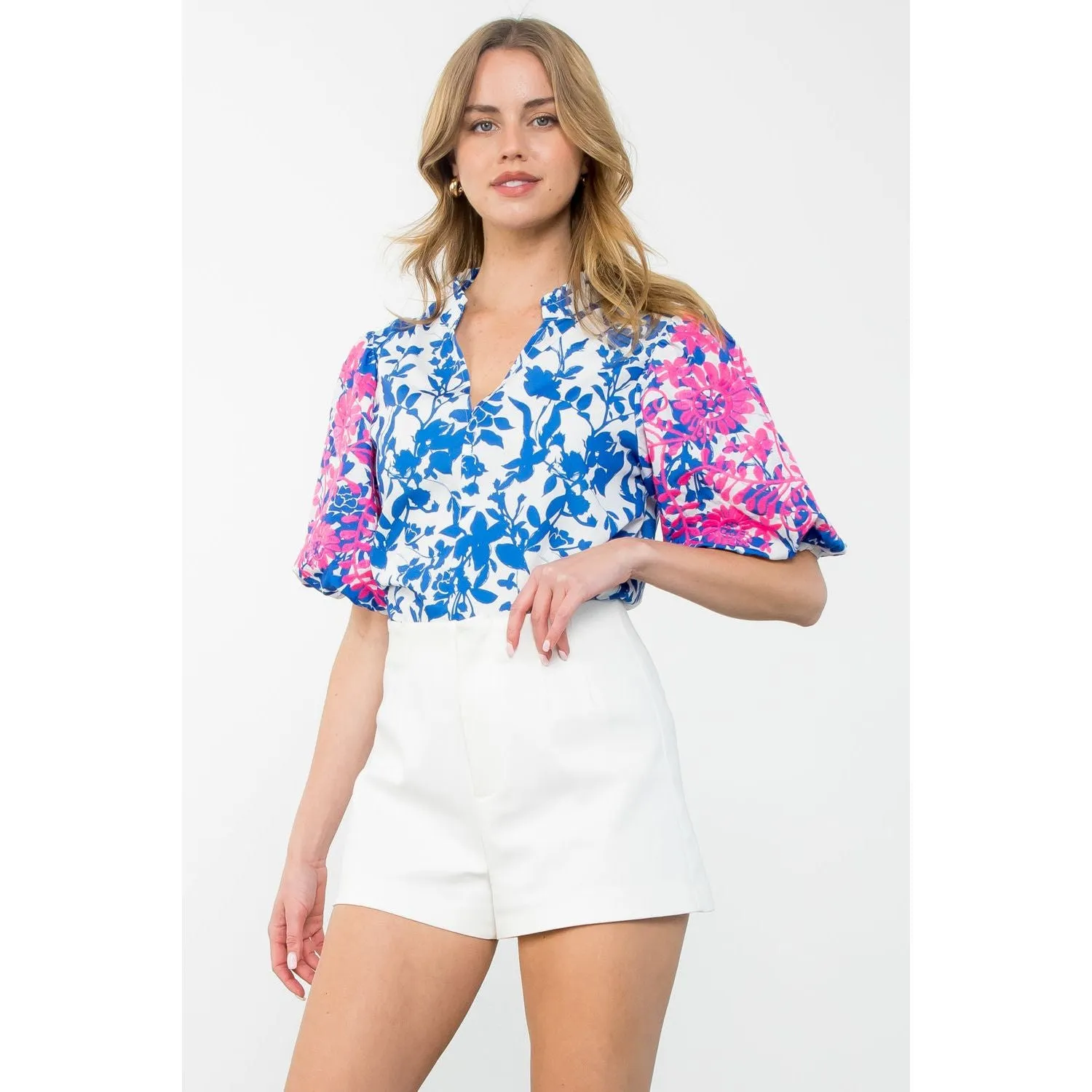 Cherie Embroidered Puff Sleeve Print THML Top