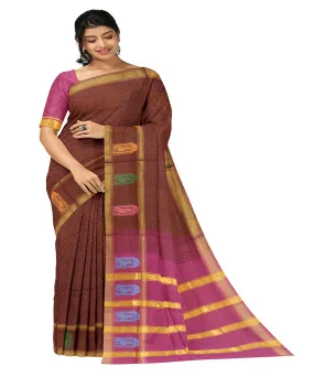 Chocolate brown plain butta handwoven rajahmundry cotton saree