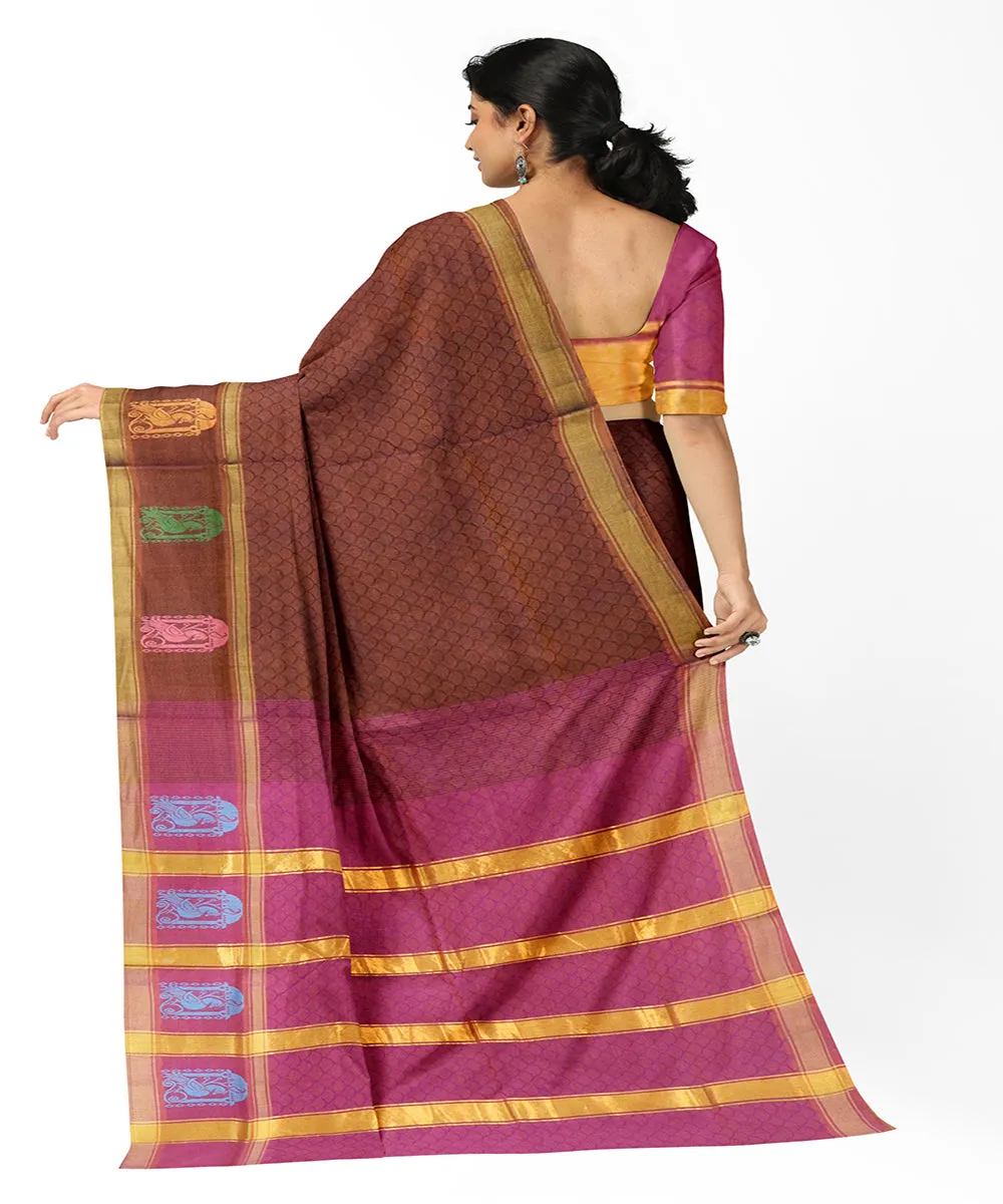 Chocolate brown plain butta handwoven rajahmundry cotton saree