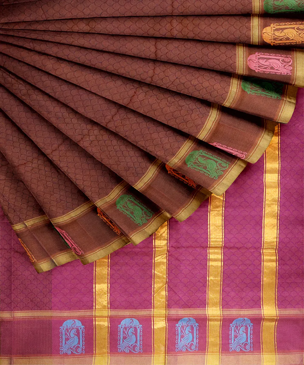 Chocolate brown plain butta handwoven rajahmundry cotton saree