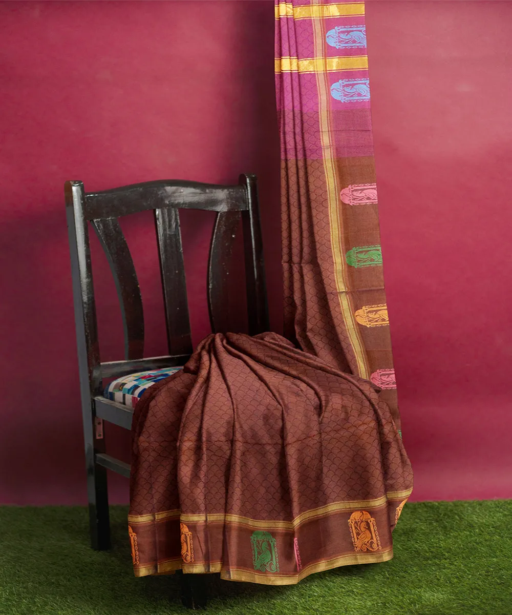 Chocolate brown plain butta handwoven rajahmundry cotton saree