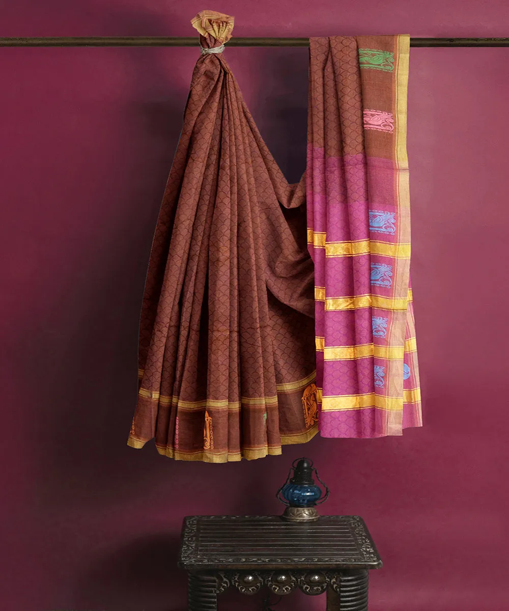 Chocolate brown plain butta handwoven rajahmundry cotton saree