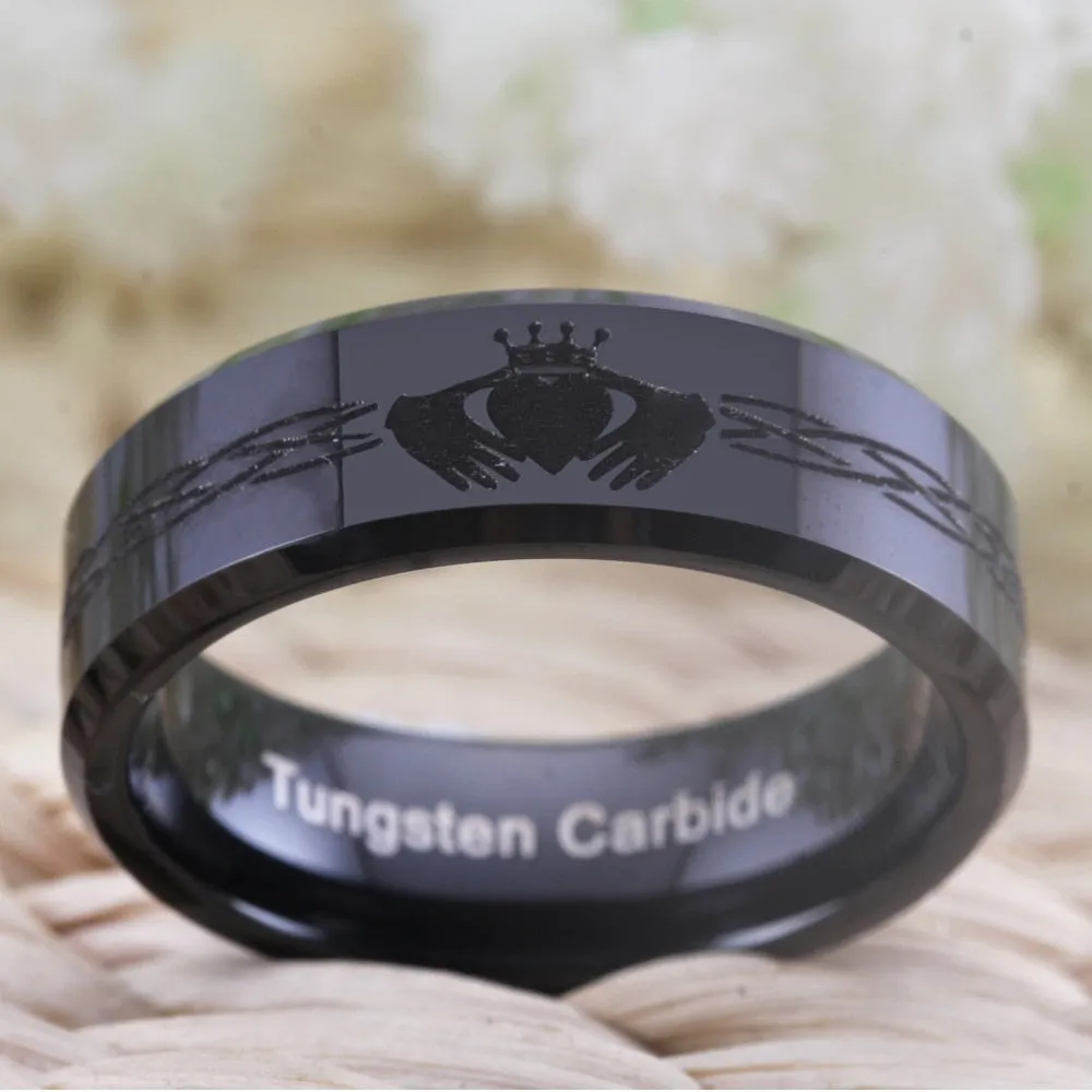 Classic Claddagh Design Black-Plated Tungsten Carbide Wedding Band