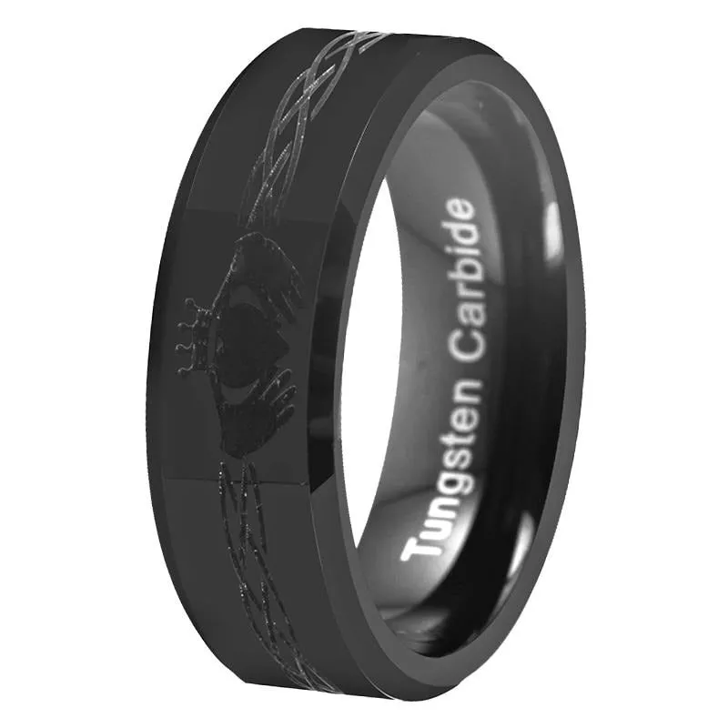 Classic Claddagh Design Black-Plated Tungsten Carbide Wedding Band