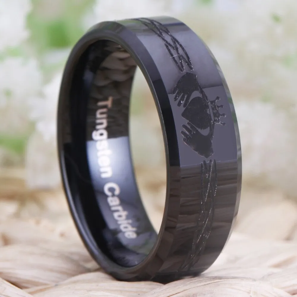 Classic Claddagh Design Black-Plated Tungsten Carbide Wedding Band