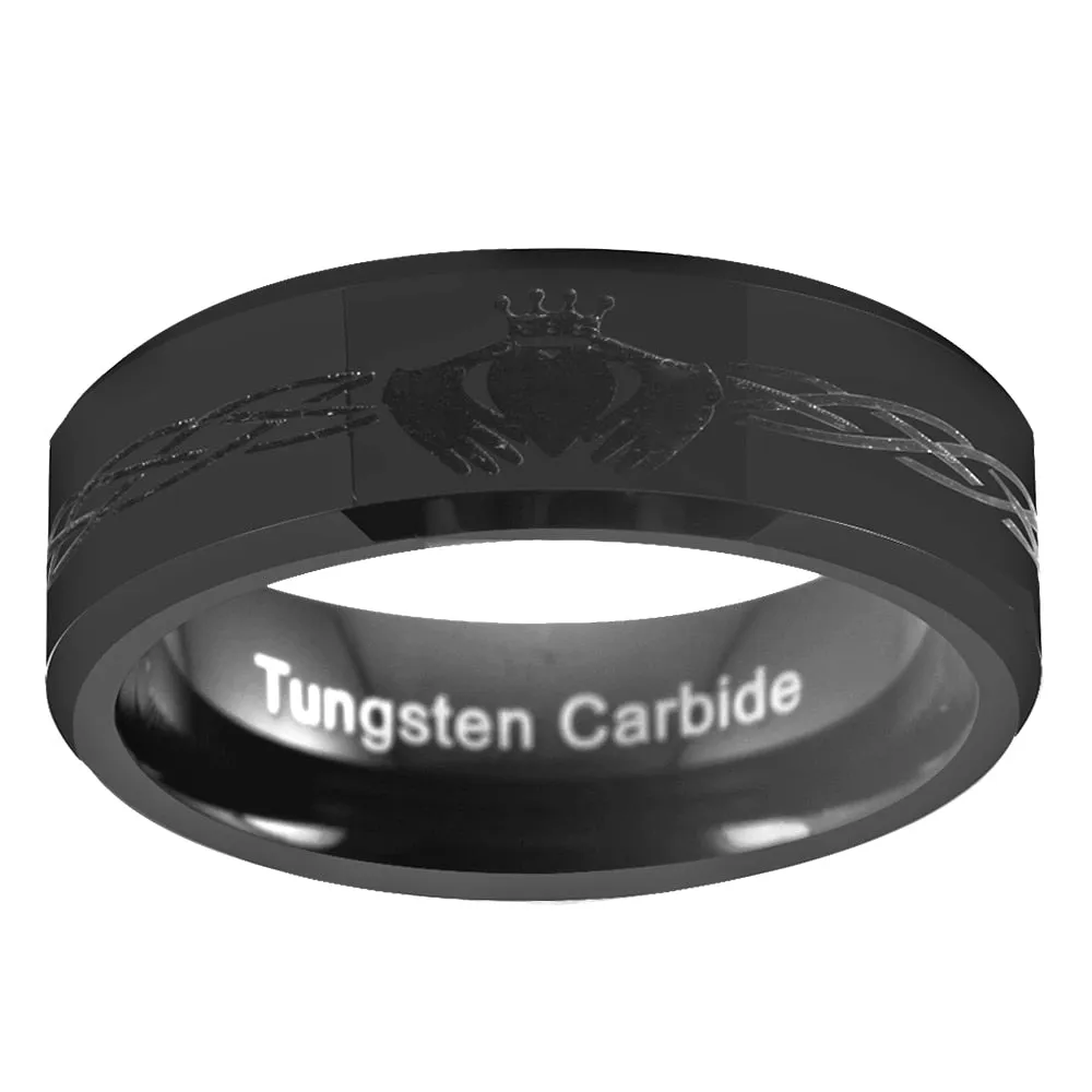 Classic Claddagh Design Black-Plated Tungsten Carbide Wedding Band