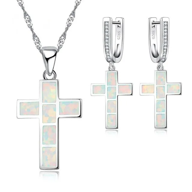 Classic Cross Fire Opal Necklace & Earrings Jewelry Set