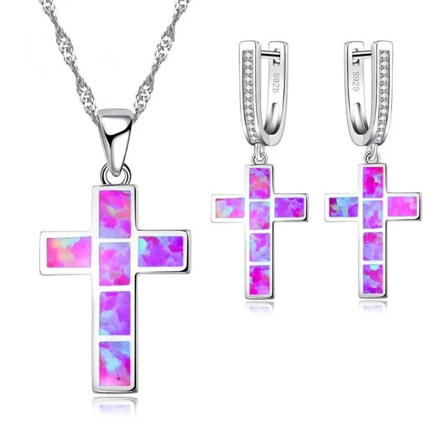 Classic Cross Fire Opal Necklace & Earrings Jewelry Set