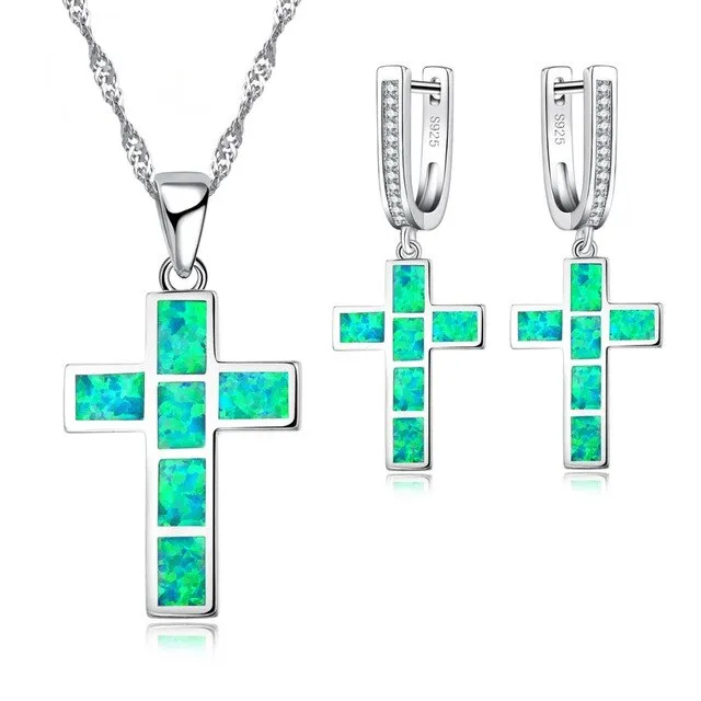 Classic Cross Fire Opal Necklace & Earrings Jewelry Set