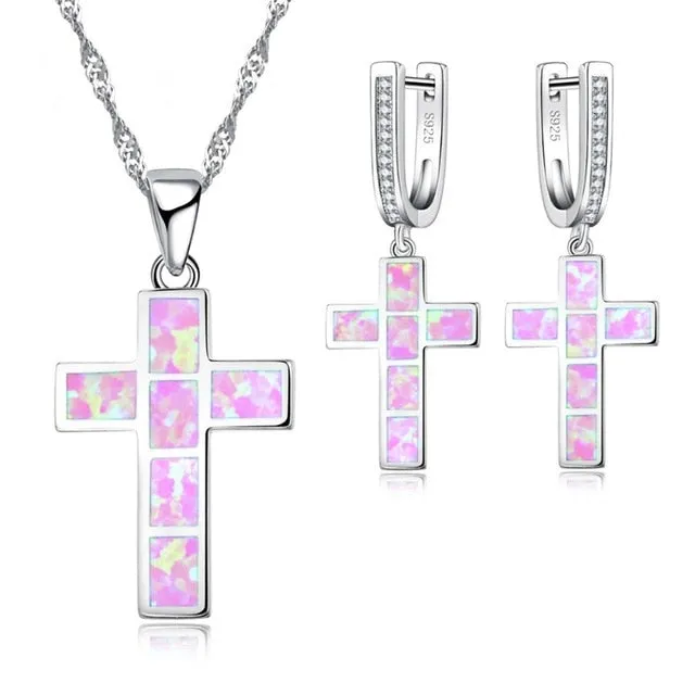 Classic Cross Fire Opal Necklace & Earrings Jewelry Set