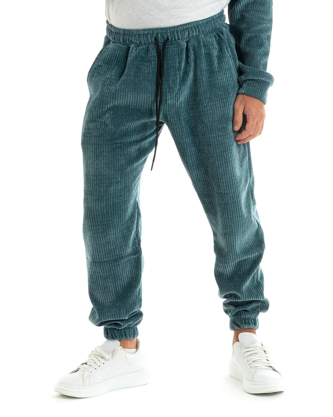 Completo Tuta Uomo Velluto Petrolio Relaxed Fit Felpa Con Cappuccio Pantaloni GIOSAL-OU2393A