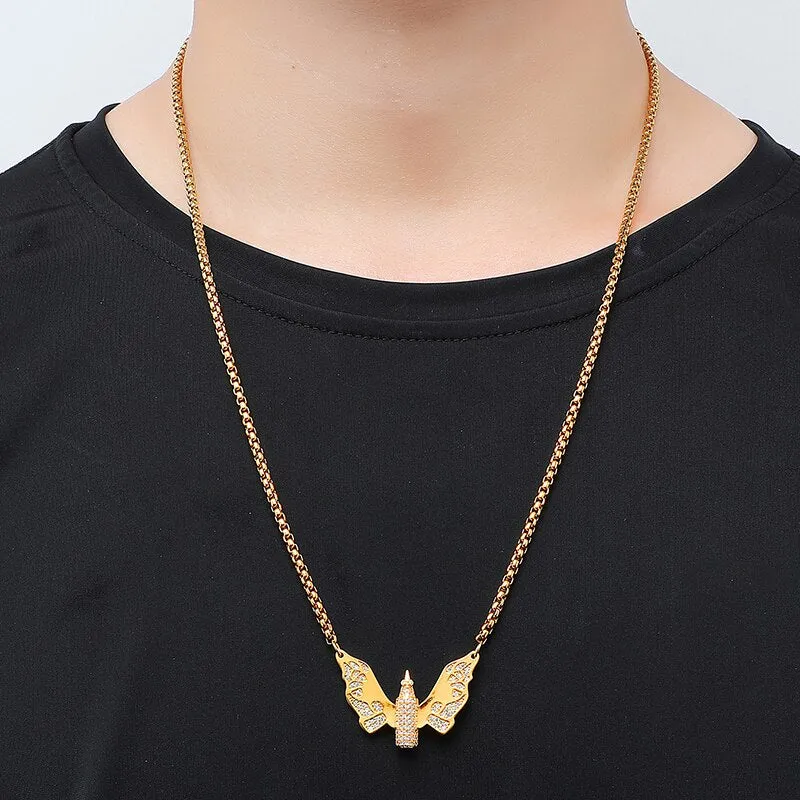 Cubic Zirconia Studded Butterfly Bullet Bling Hip-hop Pendant Necklace