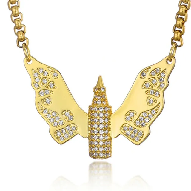 Cubic Zirconia Studded Butterfly Bullet Bling Hip-hop Pendant Necklace