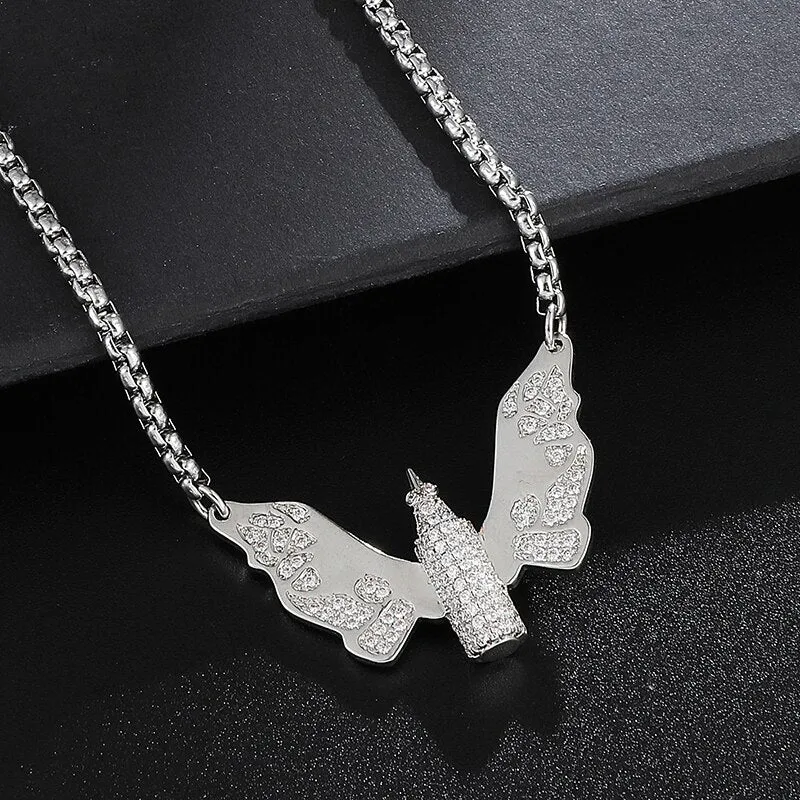 Cubic Zirconia Studded Butterfly Bullet Bling Hip-hop Pendant Necklace