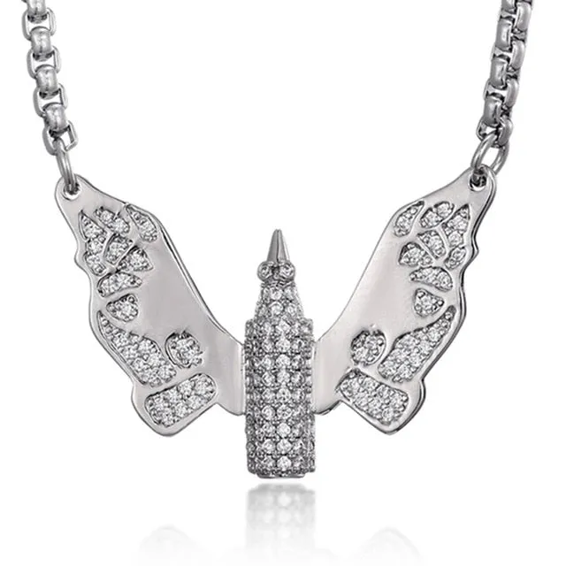 Cubic Zirconia Studded Butterfly Bullet Bling Hip-hop Pendant Necklace