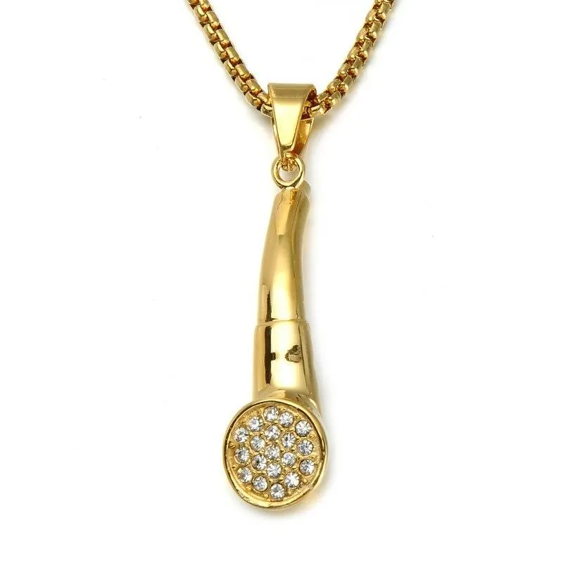 Cubic-Zirconia-Studded Gold-Plated Tobacco Pipe Bling Hip-hop Pendant Necklace