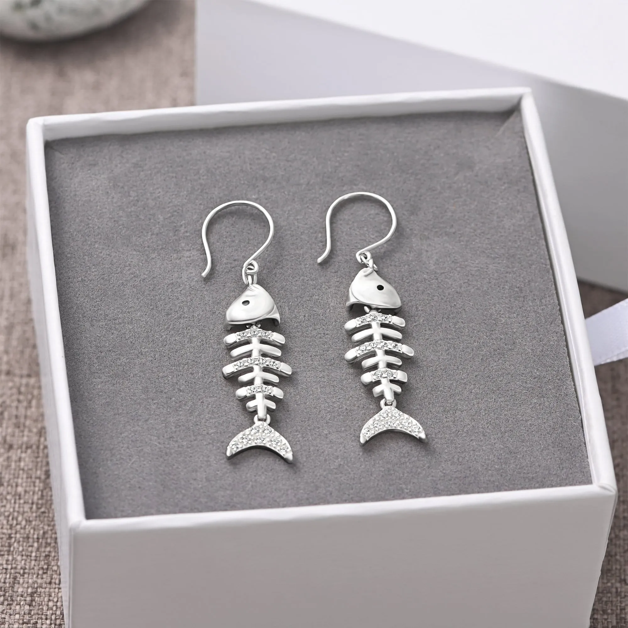 CZ Fishbone Drop Earrings Silver Dangle Earrings