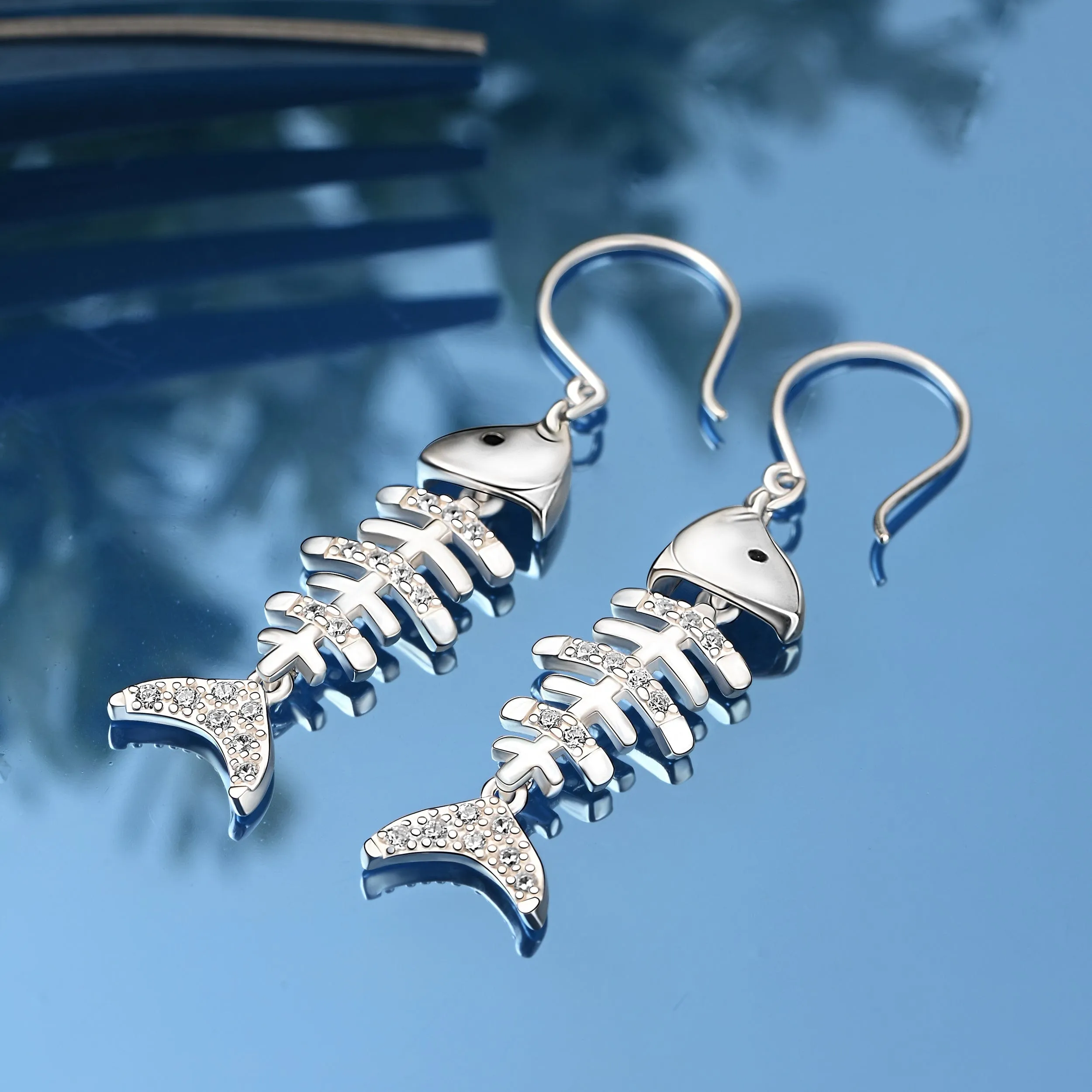 CZ Fishbone Drop Earrings Silver Dangle Earrings