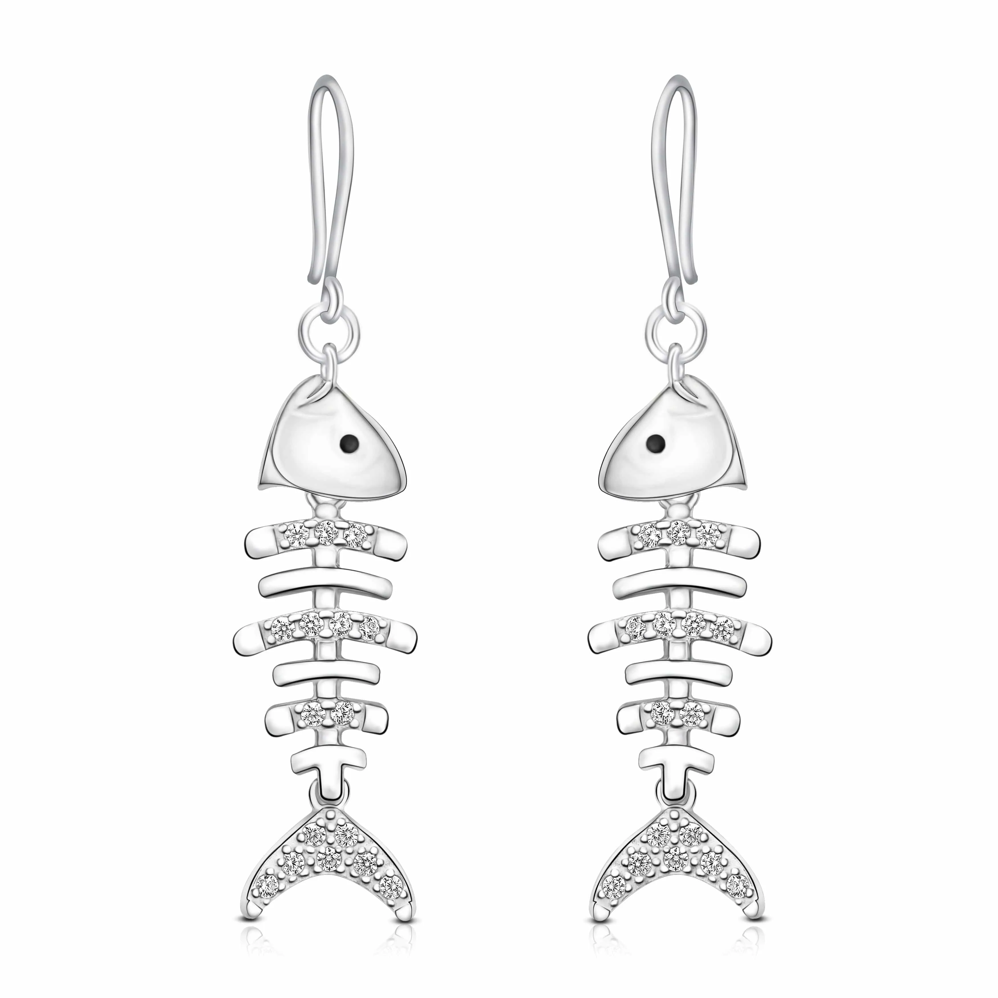 CZ Fishbone Drop Earrings Silver Dangle Earrings