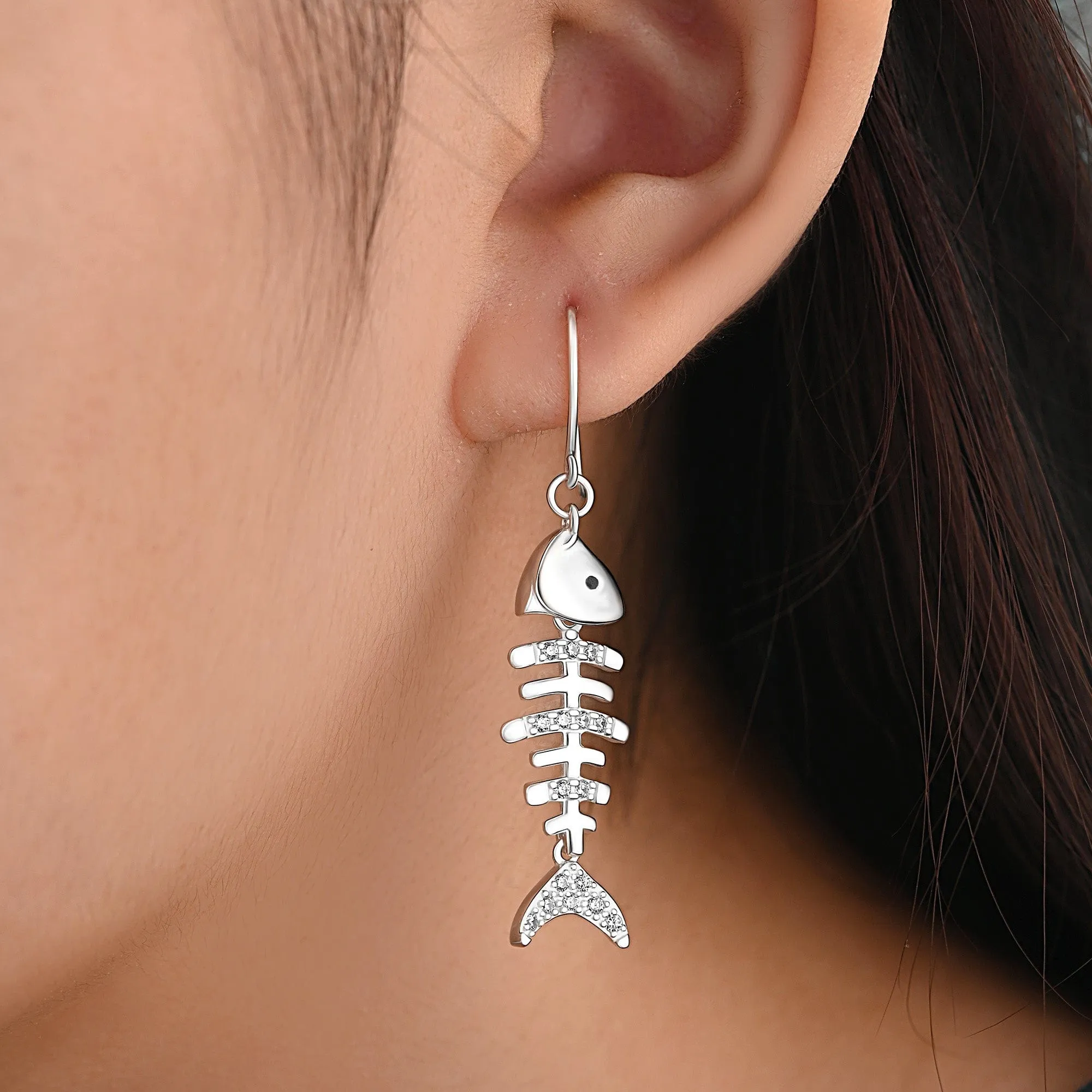 CZ Fishbone Drop Earrings Silver Dangle Earrings