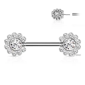 CZ Flower Push in Nipple Barbell - Silver