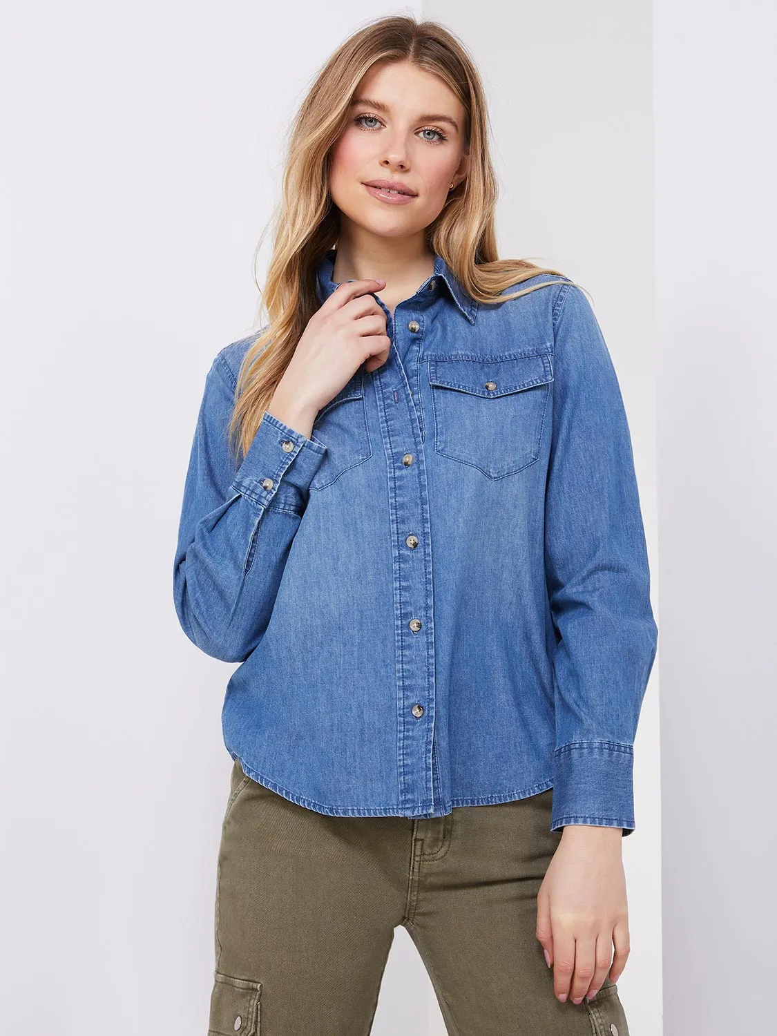 Denim Button-Front Blouse