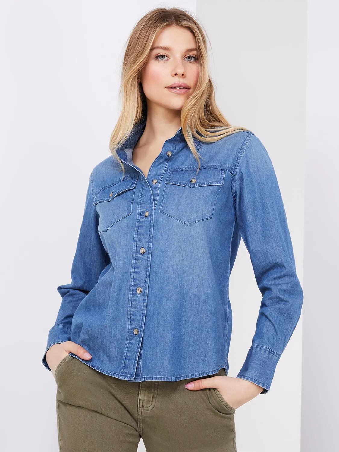 Denim Button-Front Blouse