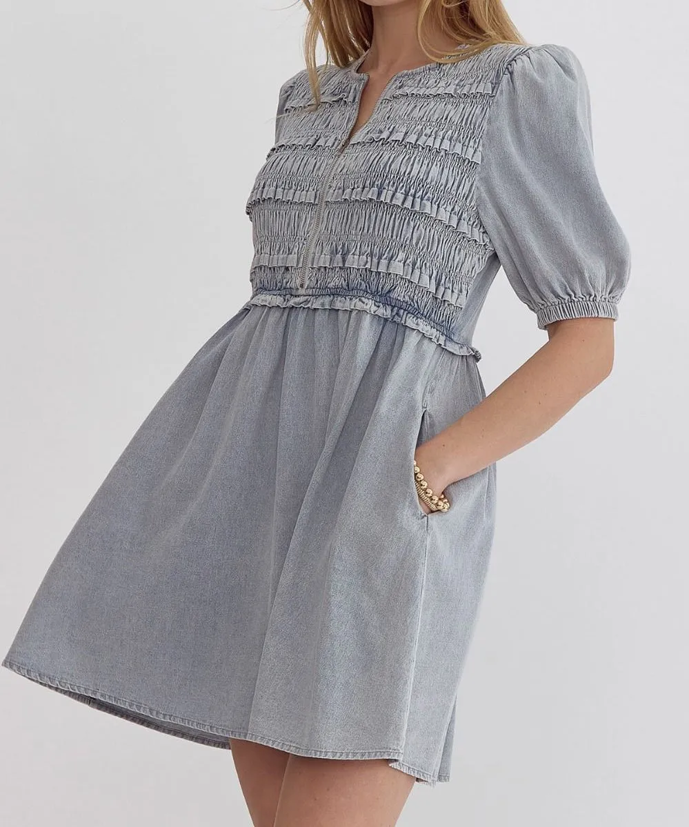 Denim Dress with Short Sleeves - Light Blue