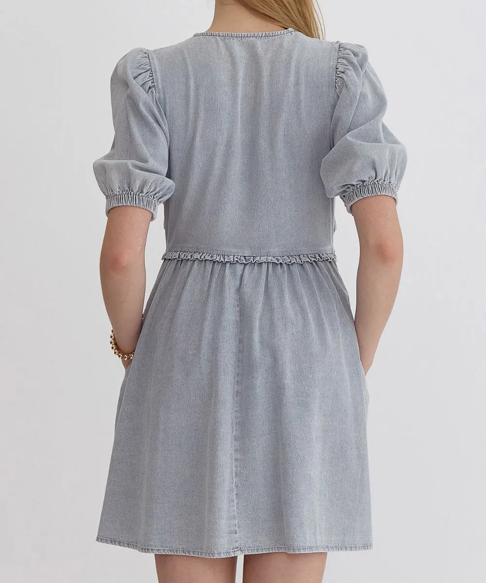 Denim Dress with Short Sleeves - Light Blue