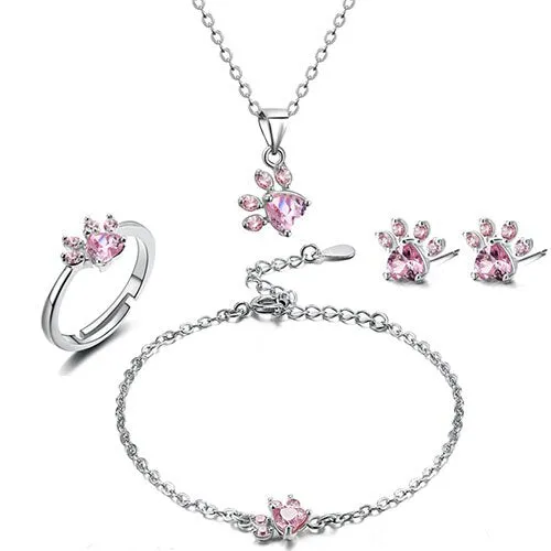 Dog Paw Cubic Zirconia Necklace, Bracelet, Earrings & Ring Jewelry Set