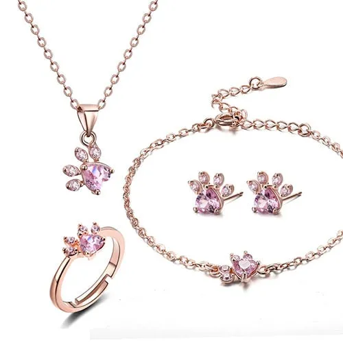 Dog Paw Cubic Zirconia Necklace, Bracelet, Earrings & Ring Jewelry Set