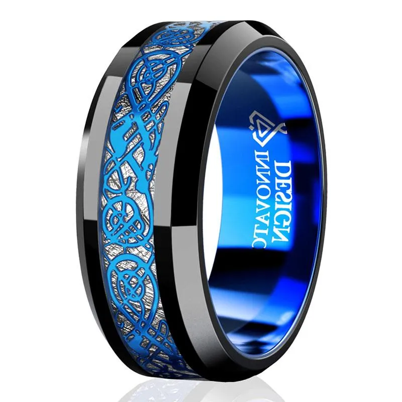 DRAGON Blue Celtic Dragon Tungsten Carbide Ring 8mm Men Black Wedding Band Polished Comfort Fit