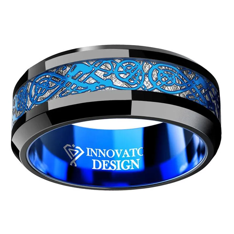 DRAGON Blue Celtic Dragon Tungsten Carbide Ring 8mm Men Black Wedding Band Polished Comfort Fit