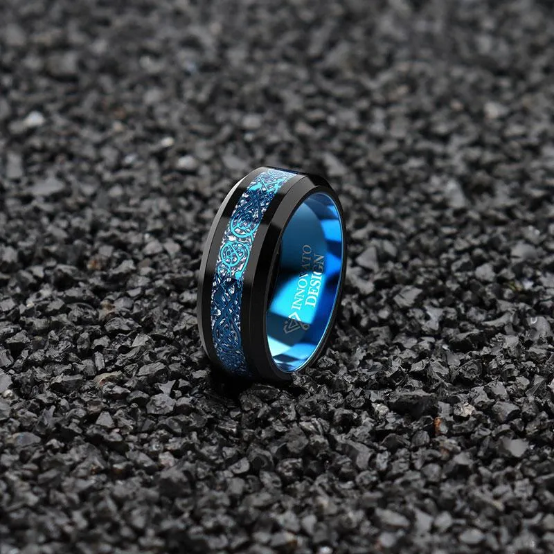 DRAGON Blue Celtic Dragon Tungsten Carbide Ring 8mm Men Black Wedding Band Polished Comfort Fit