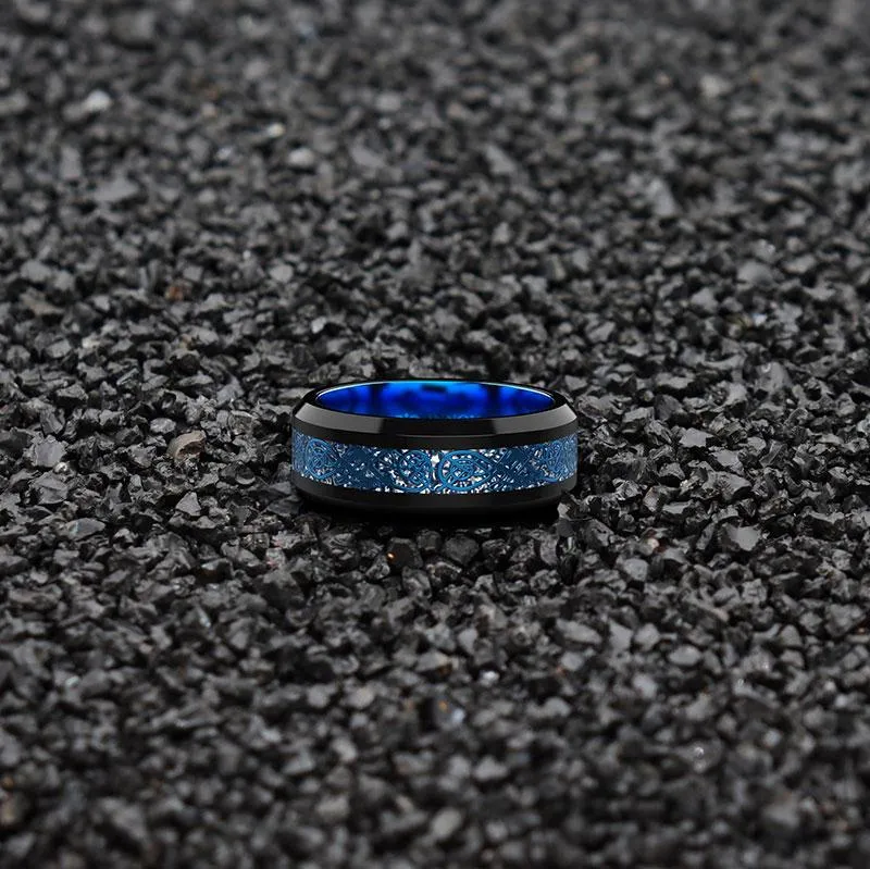 DRAGON Blue Celtic Dragon Tungsten Carbide Ring 8mm Men Black Wedding Band Polished Comfort Fit