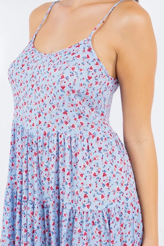 Dress - Floral Open Back Mini Sun Dress -Blue