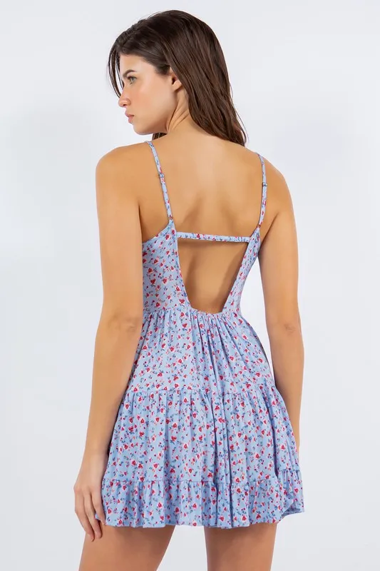 Dress - Floral Open Back Mini Sun Dress -Blue