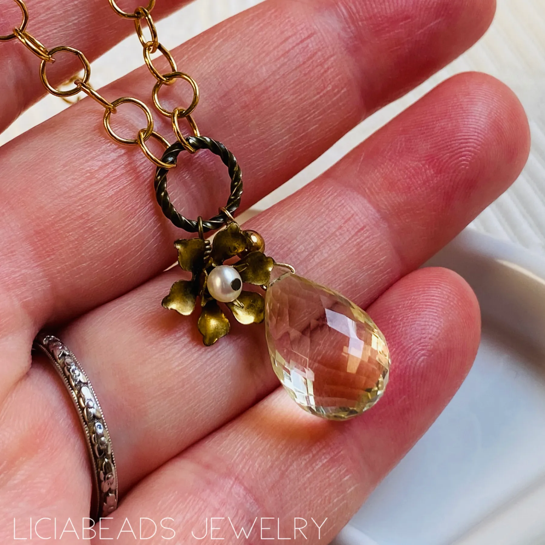 Drop of summer - lemon quartz gemstone, 14 karat gold filled necklace