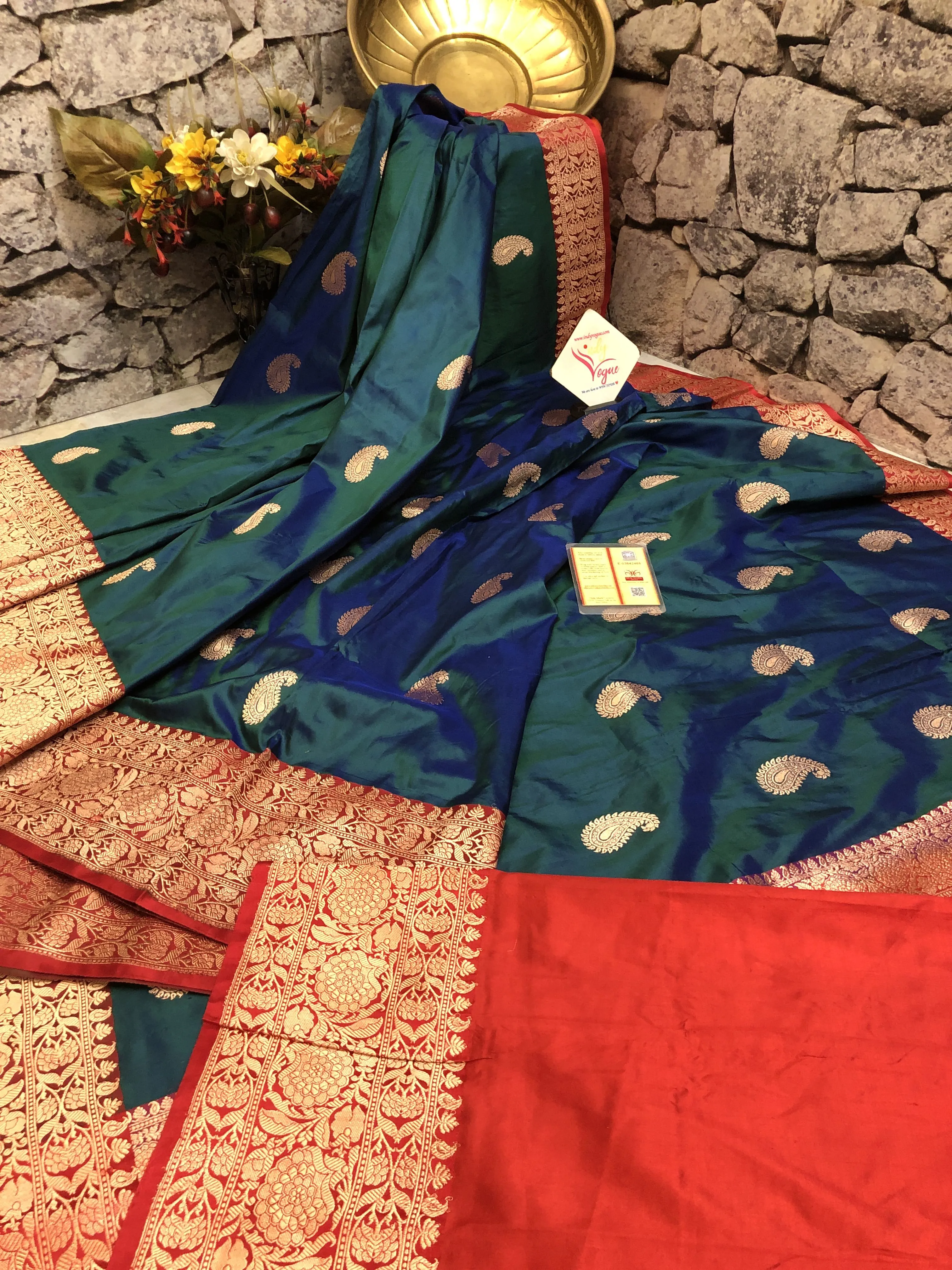 Dual Tone Peacock Blue and Green Color Katan Banarasi Saree